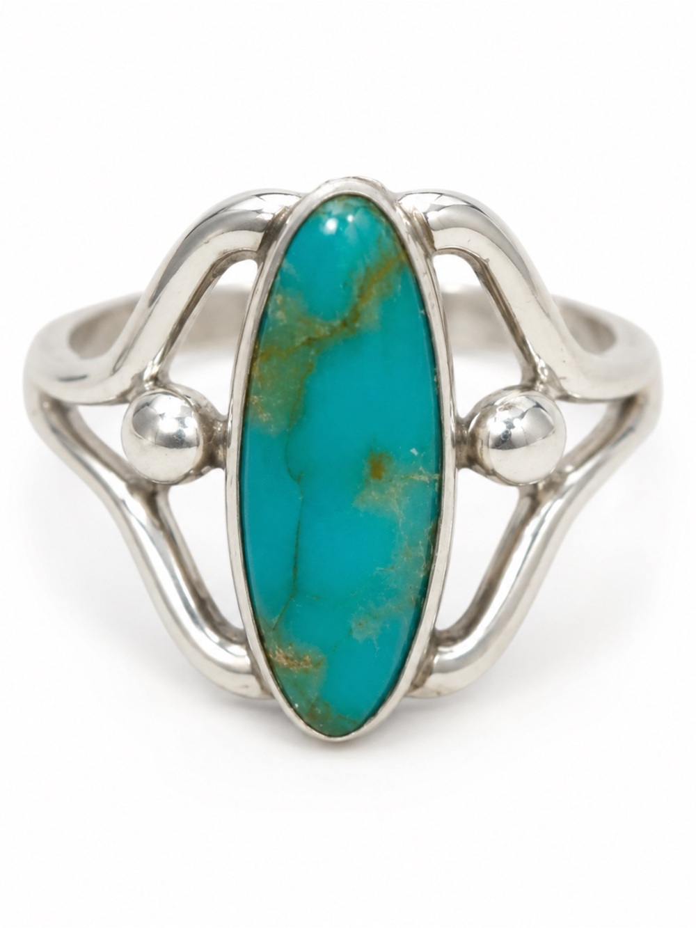 Vintage 925 Sterling Silver Turquoise Cabochon Size 5.5 Ring Marquise Openwork